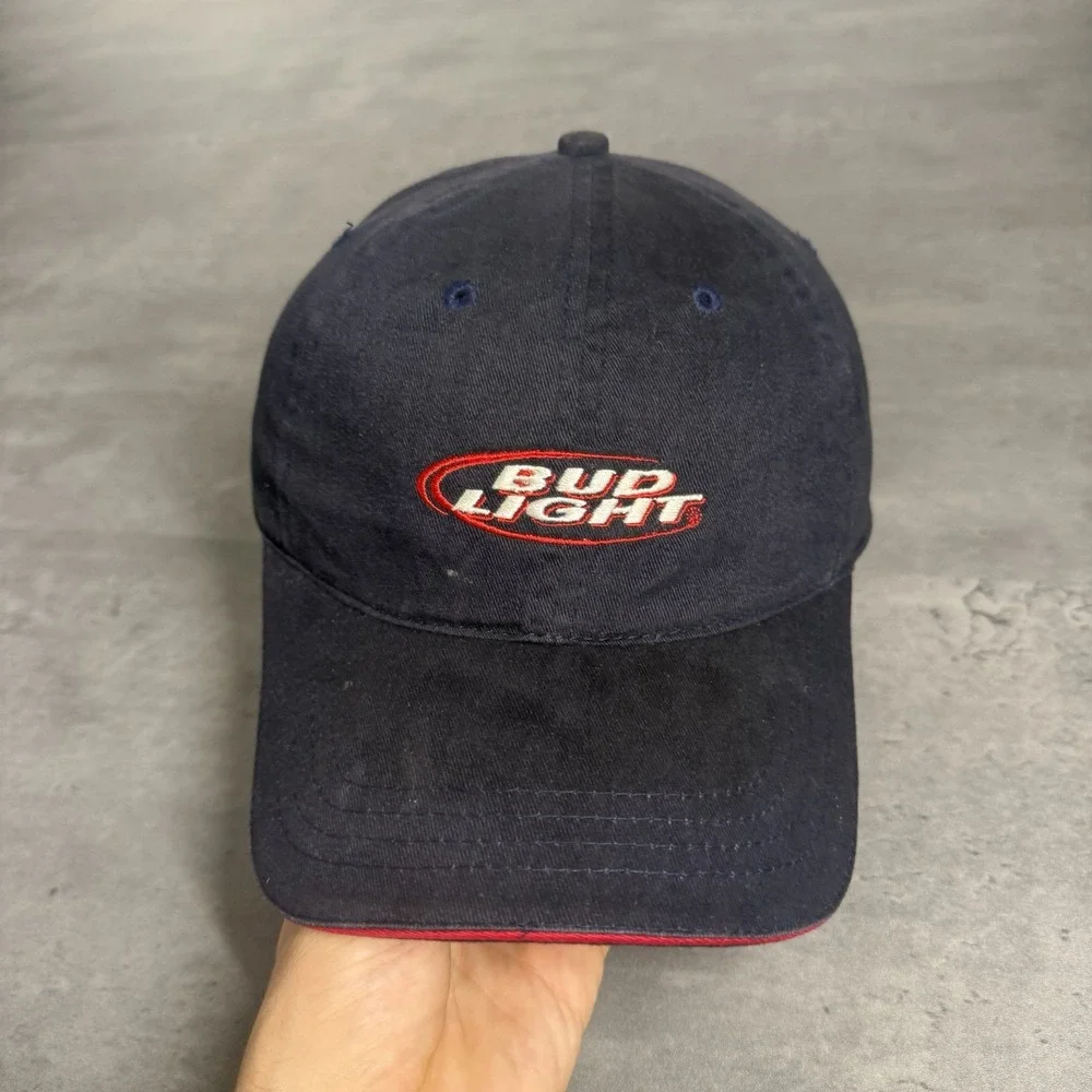 Vintage Anheuser Busch Bud Light Hat Navy Red White Faded Distressed Trucker Cap